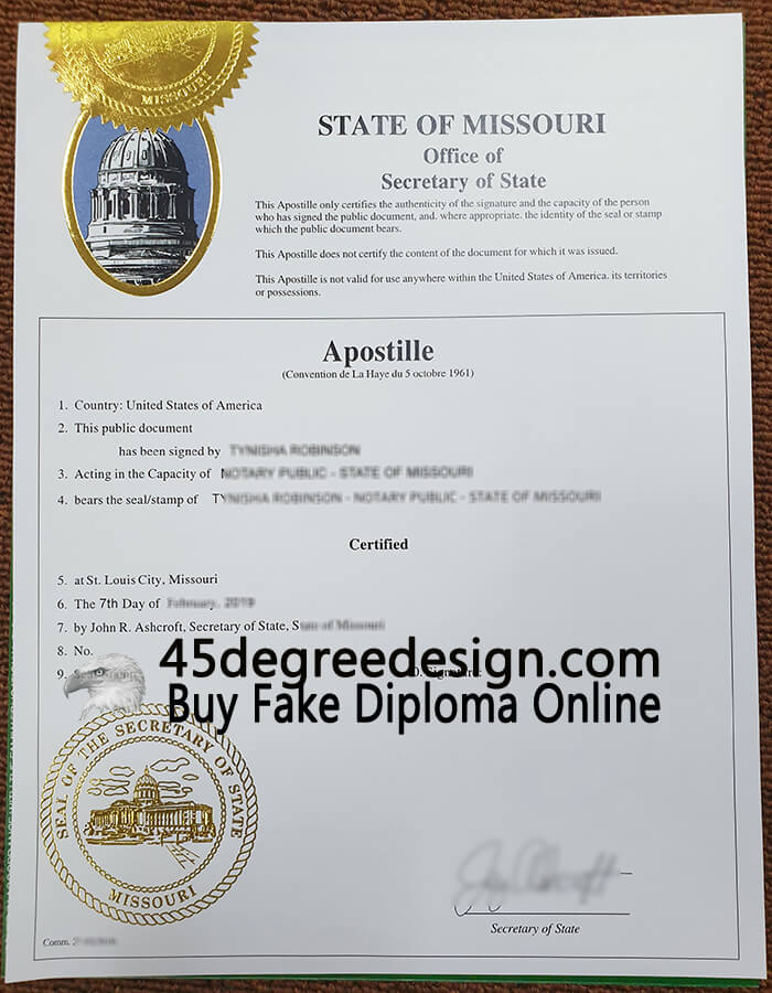 State of Missouri Apostille Certificate