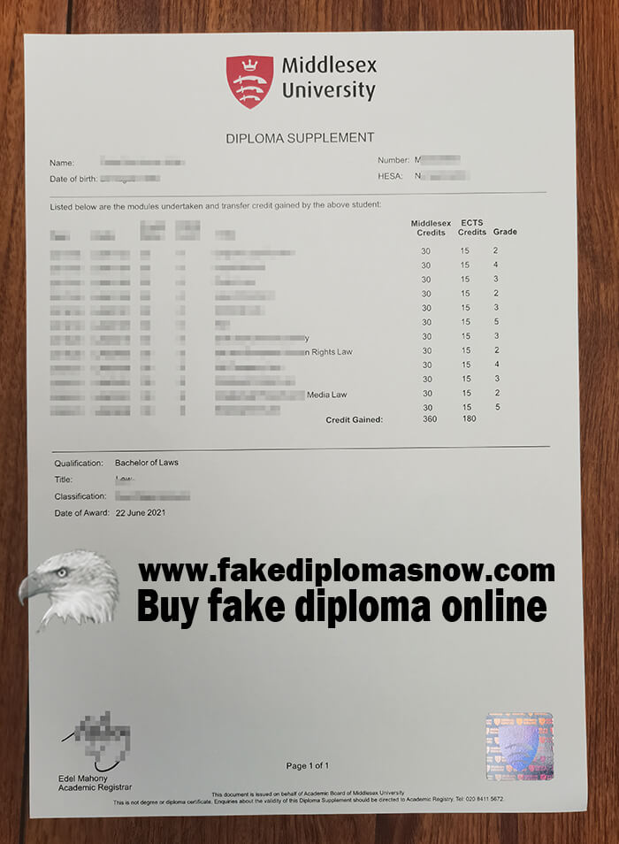 Middlesex University transcript