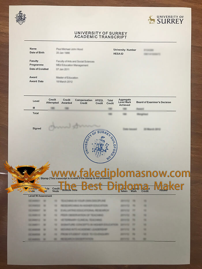 University of Surrey transcript