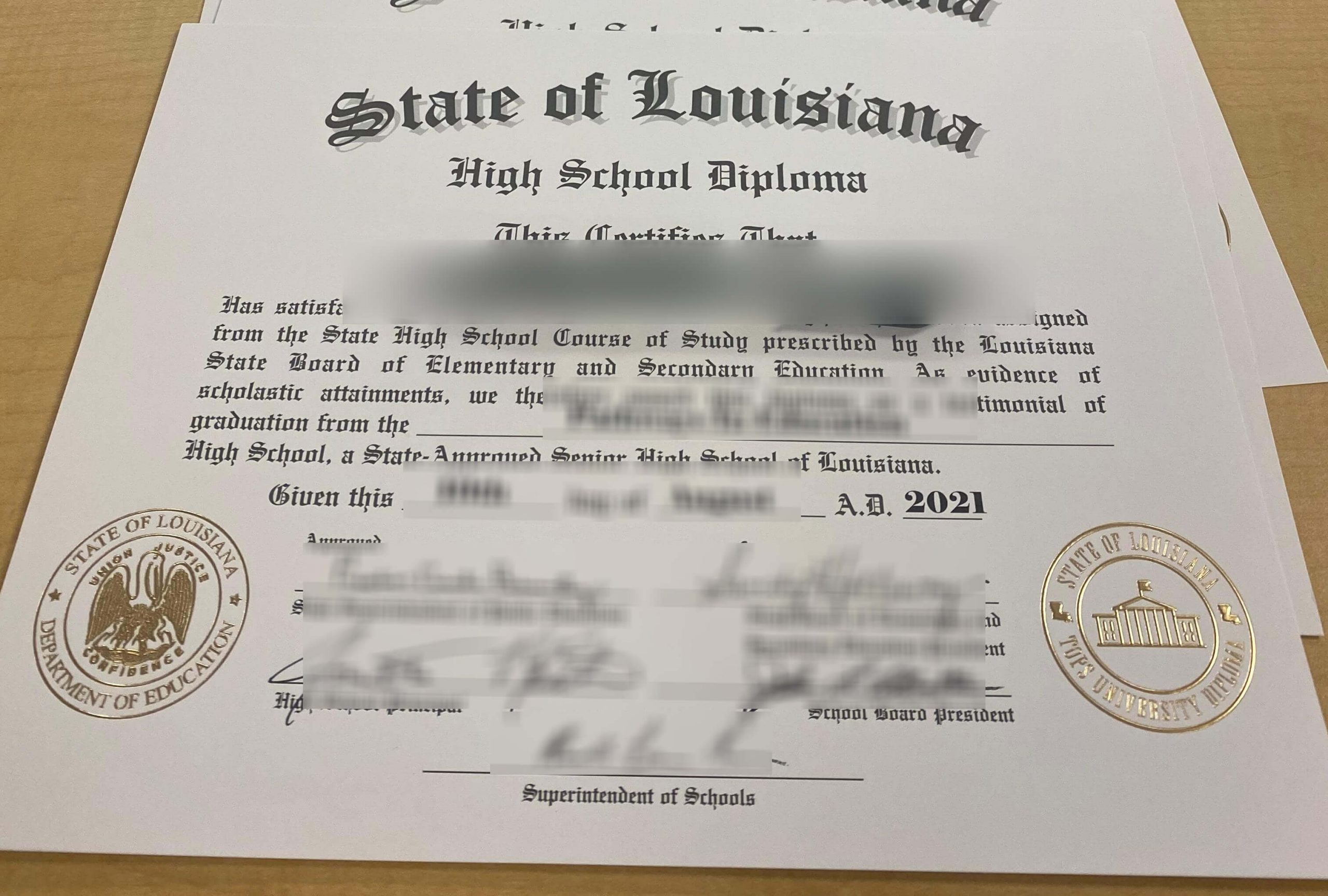 State of Louisiana high school diploma