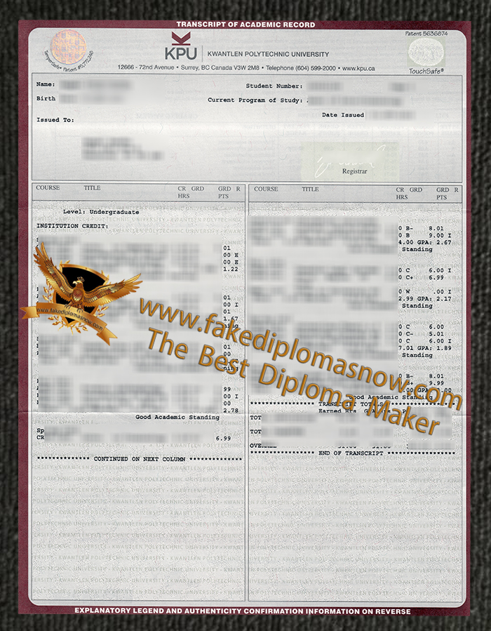 Kwantlen Polytechnic University Fake Transcript Kwantlen Polytechnic University Fake Transcript
