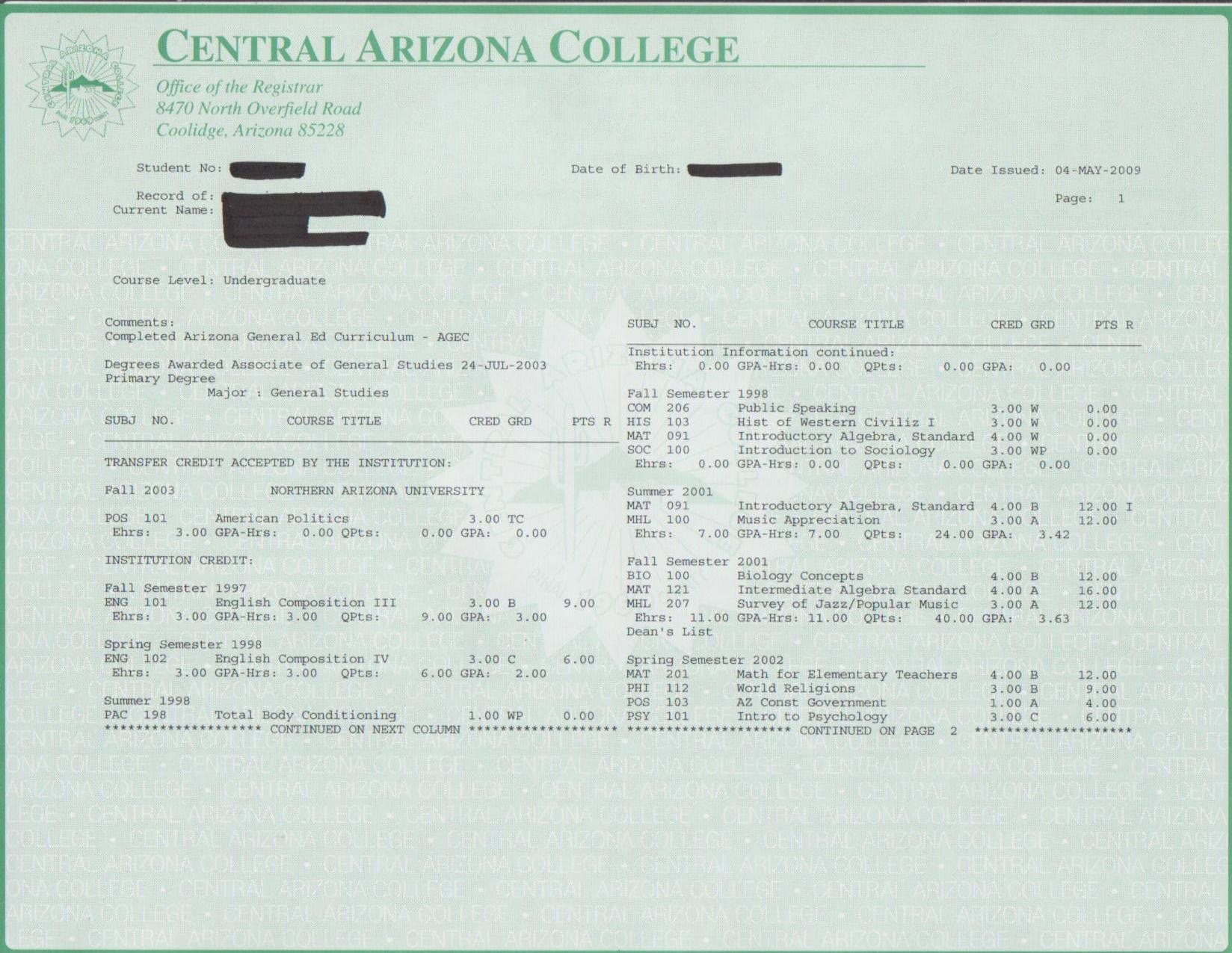 ACA transcript