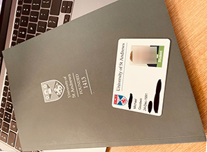 University of St Andrews diploma cover and student card sample