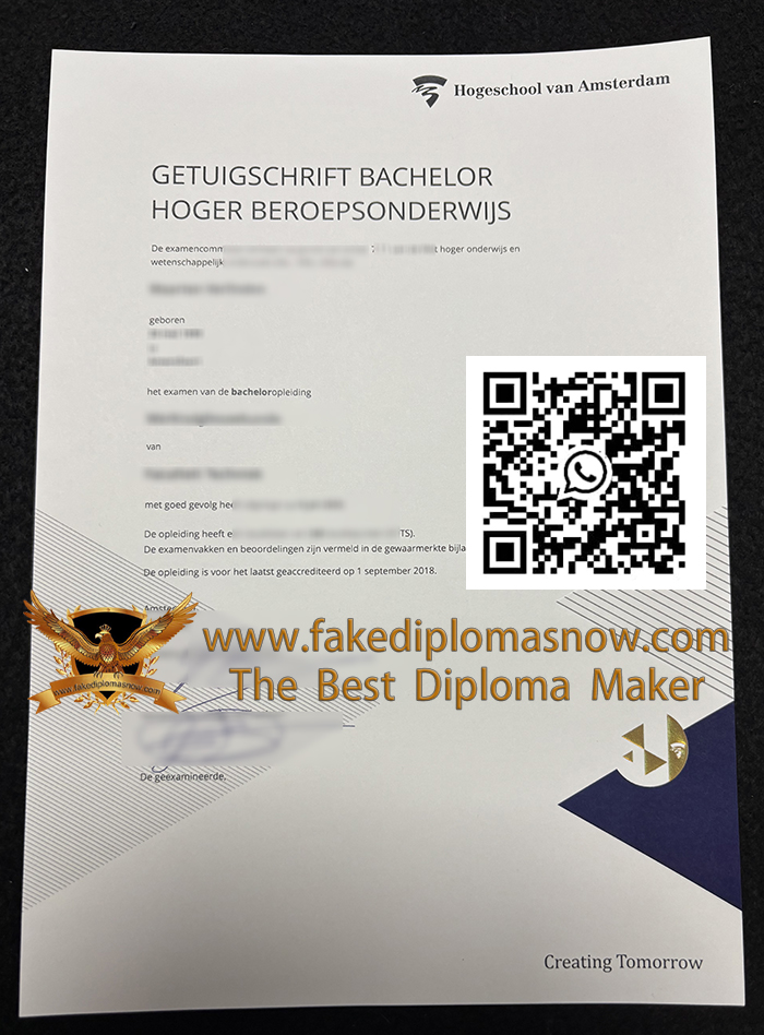 HvA Getuigschrift , Hogeschool van Amsterdam Getuigschrift