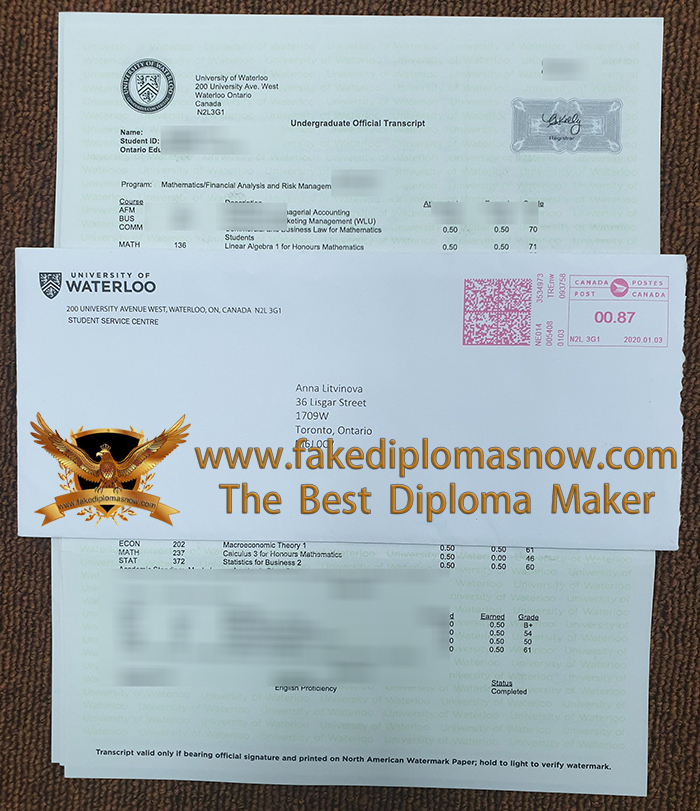 University of Waterloo transcript and envelope University of Waterloo transcript and envelope