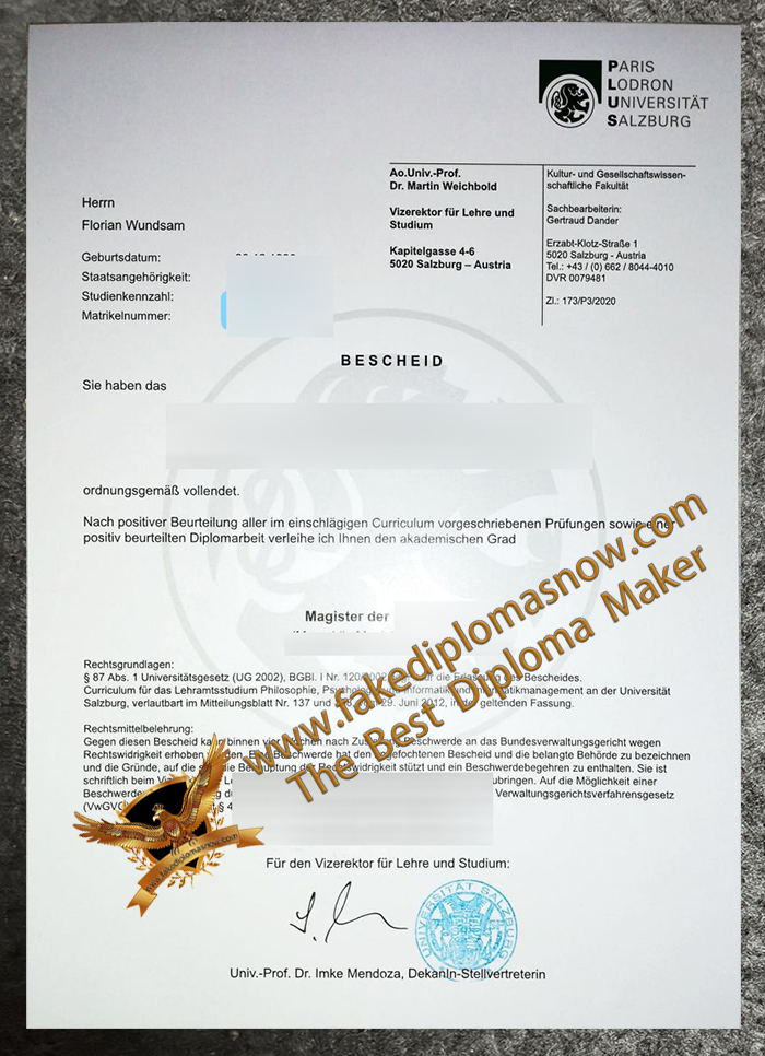 Paris-Lodron-Universität Salzburg bescheid, PLUS diploma