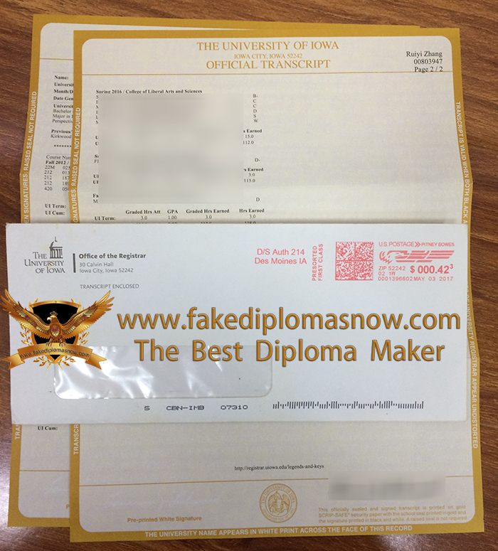 University of Iowa transcript and envelope