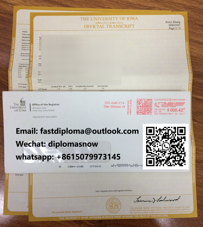 University of Iowa transcript and envelope